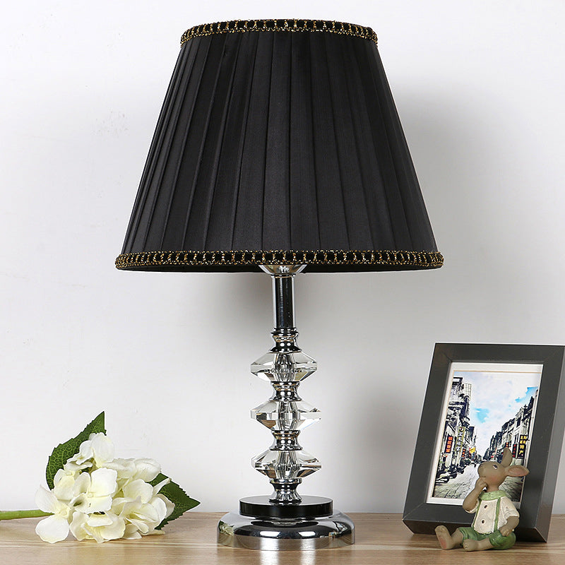 Simple Pleated Lampshade Night Light Clear K9 Crystal 1 Light Living Room Table Lamp in Black