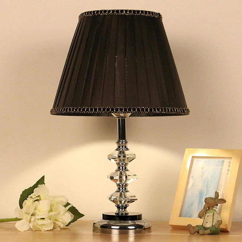 Simple Pleated Lampshade Night Light Clear K9 Crystal 1 Light Living Room Table Lamp in Black