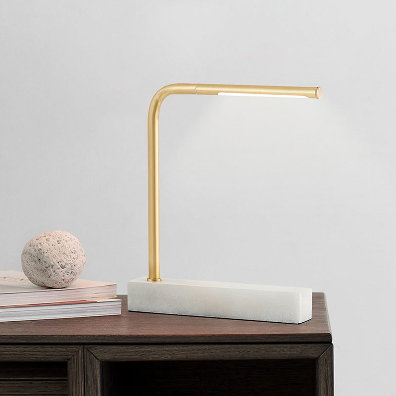 Right Angled Linear Study Room Table Lamp Metal LED Nordic Night Light in Brass with Rectangle Marble Base