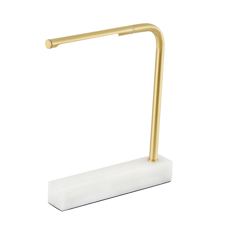 Right Angled Linear Study Room Table Lamp Metal LED Nordic Night Light in Brass with Rectangle Marble Base