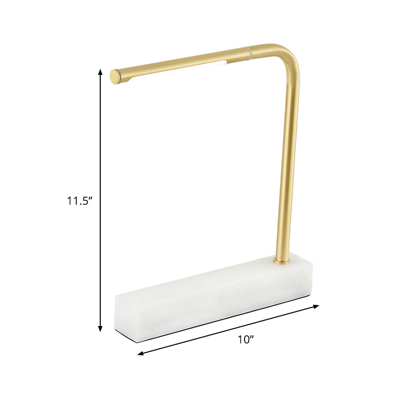 Right Angled Linear Study Room Table Lamp Metal LED Nordic Night Light in Brass with Rectangle Marble Base