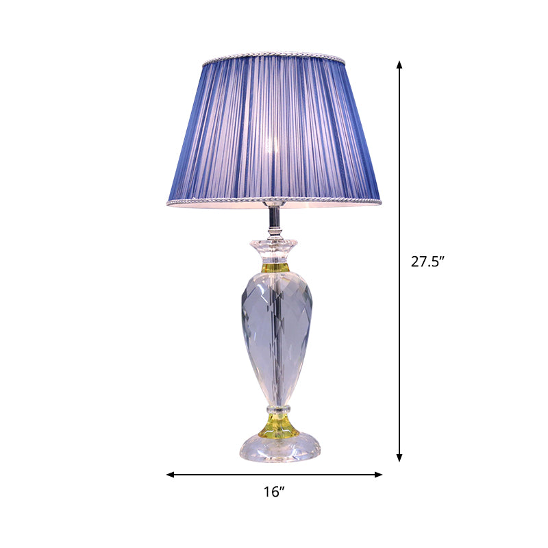 Modern 1 Head Table Lamp Blue Barrel Night Lighting with Urn-Shaped Crystal Base for Bedroom