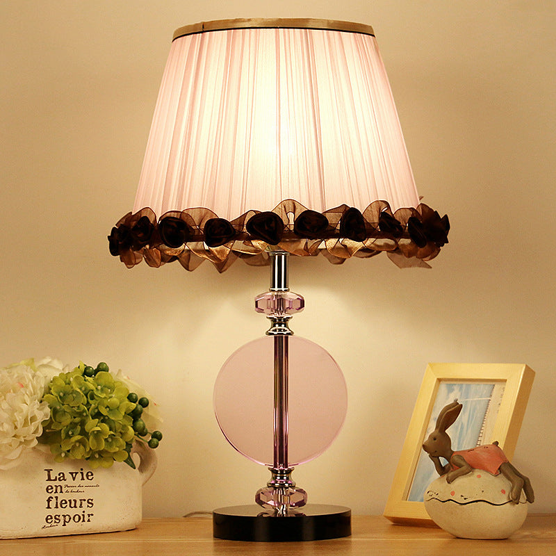 Modernism 1-Light Nightstand Lamp Pink Pleated Shade Night Table Lighting with K9 Crystal