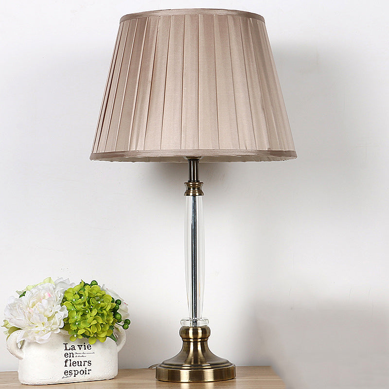 Pleated Lampshade Crystal Night Light Simplicity 1-Bulb Light Brown Nightstand Lamp for Bedroom