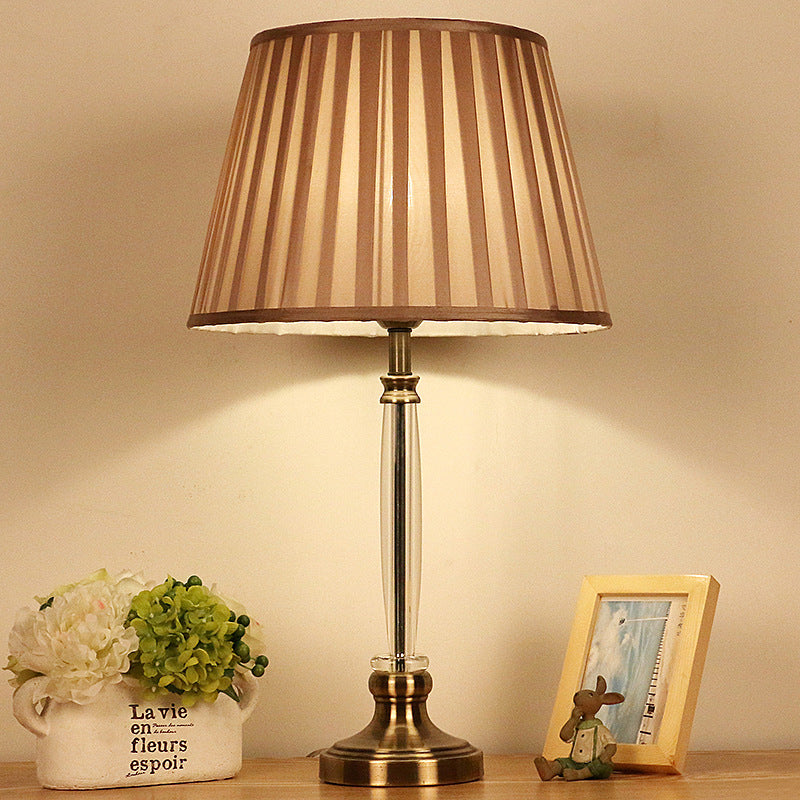 Pleated Lampshade Crystal Night Light Simplicity 1-Bulb Light Brown Nightstand Lamp for Bedroom