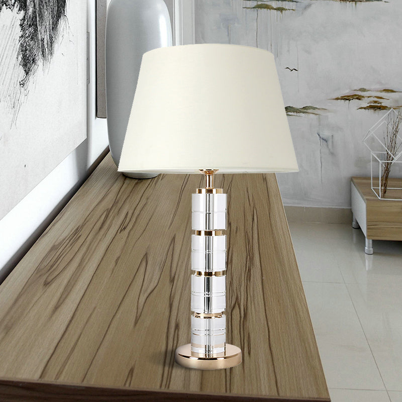 Simple 1-Bulb Table Light White Column Night Lamp with Clear K9 Crystal for Living Room