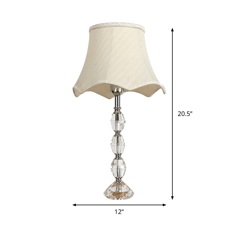 1-Light Bedroom Night Table Light Minimalism Beige Crystal Nightstand Lamp with Scalloped Fabric Shade