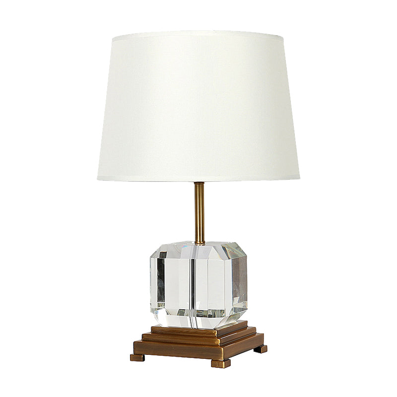 White Barrel Night Table Lamp Contemporary 1-Bulb Beveled K9 Crystal Nightstand Lighting with Square Pedestal