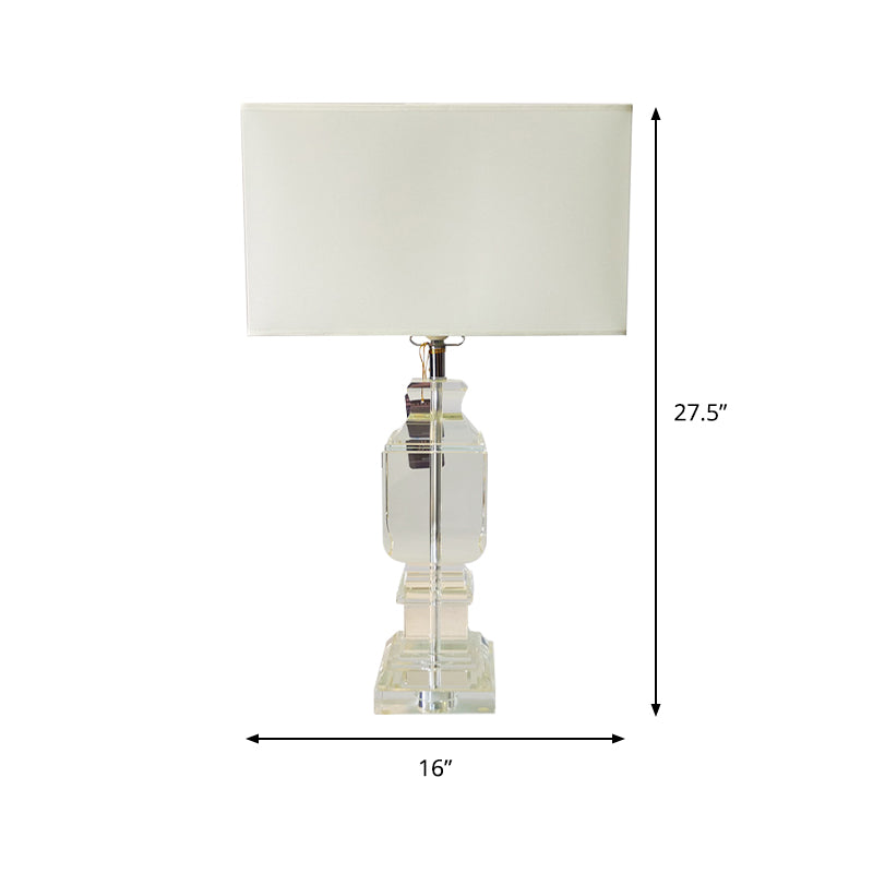 Modern Rectangle Crystal Table Lamp 1-Head Night Lighting in White with Fabric Shade