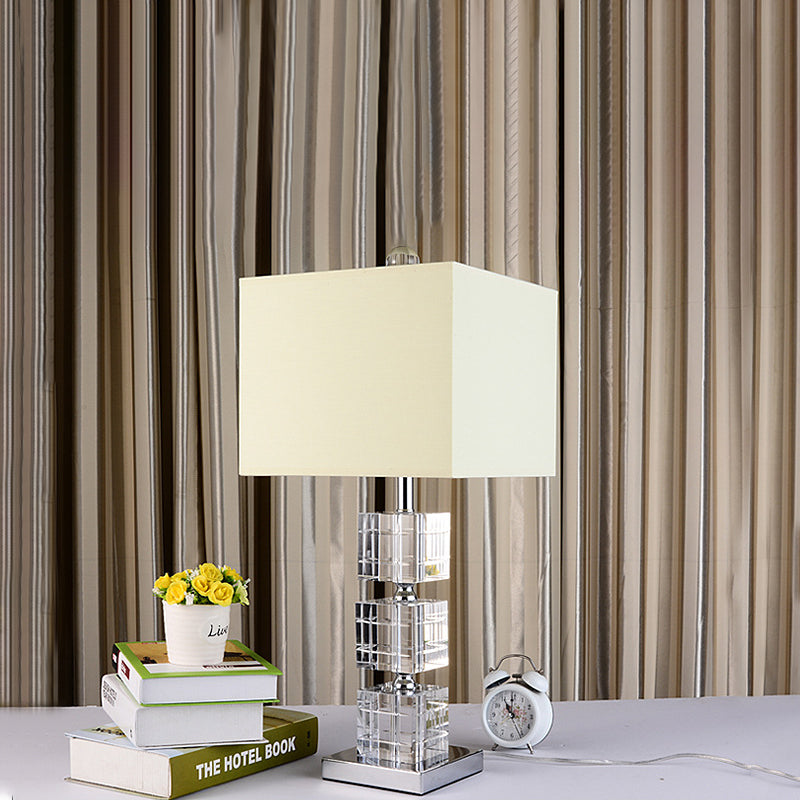 1 Head Cuboid Fabric Task Lighting Modernism Hand-Cut Crystal Small Desk Lamp in Beige