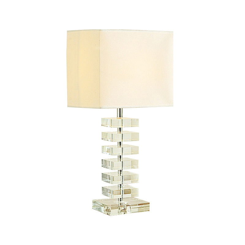 1 Head Living Room Desk Light Modern Clear Multi-Layer Crystal Night Table Lamp with Cubic Beige Fabric Shade