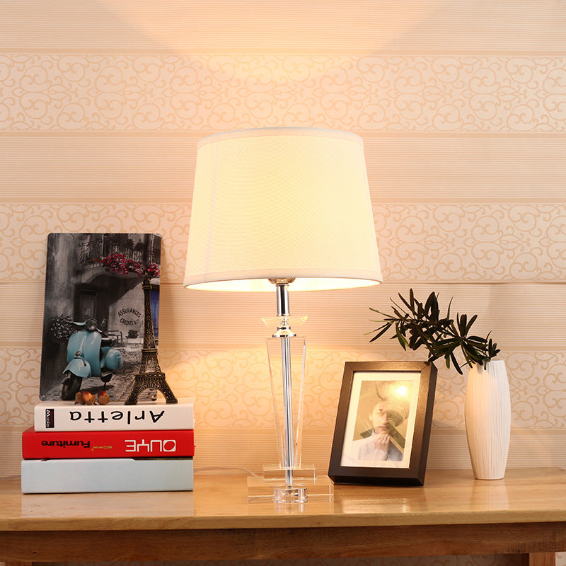 Tapered Fabric Table Lamp Contemporary Hand-Cut Crystal 1 Head Reading Book Light in White