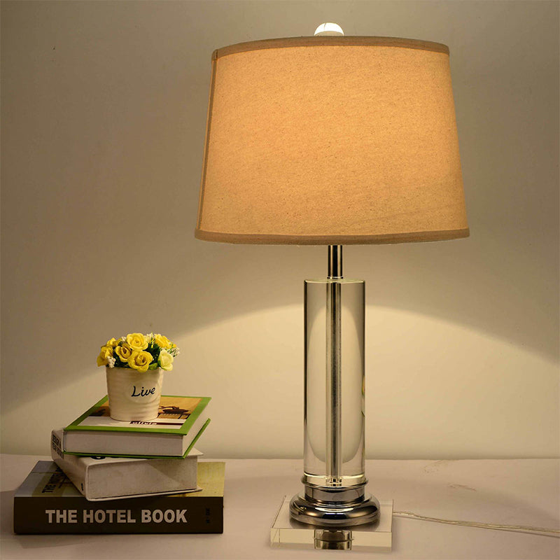 Contemporary 1 Head Task Lighting White Barrel Night Table Lamp with Fabric Shade and Cylinder Crystal Base