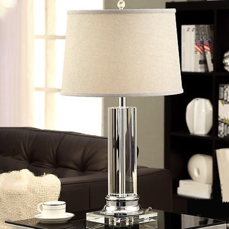 White Barrel Fabric Table Lamp Modernist 1 Bulb Clear Cylinder Crystal Reading Book Light