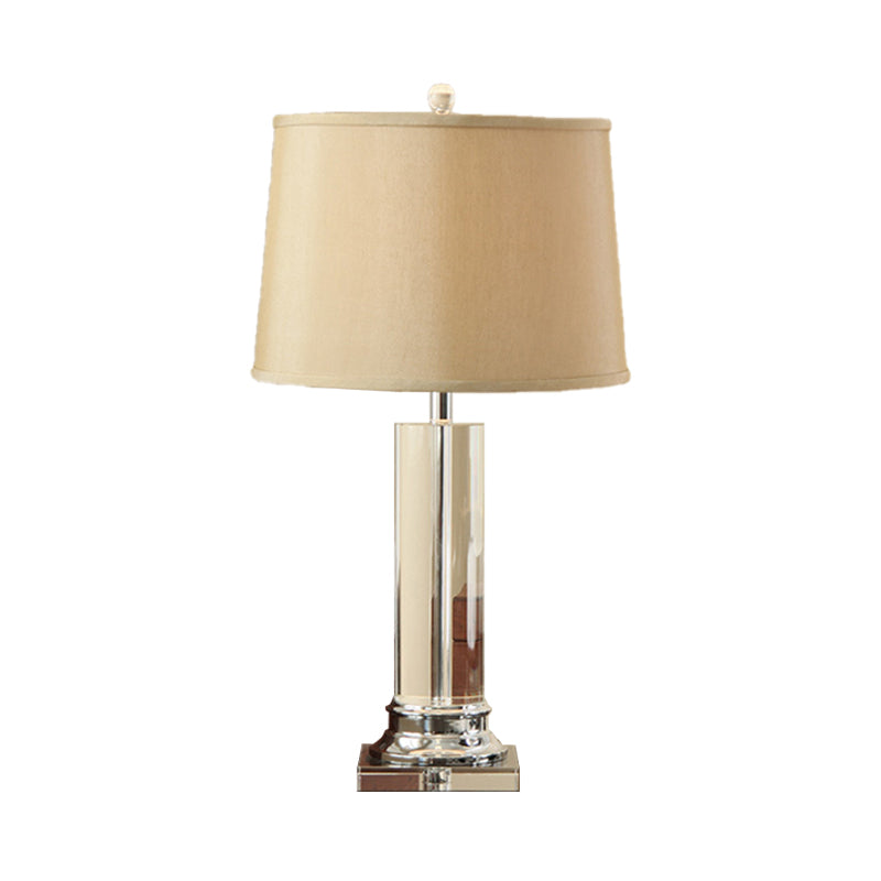 White Barrel Fabric Table Lamp Modernist 1 Bulb Clear Cylinder Crystal Reading Book Light