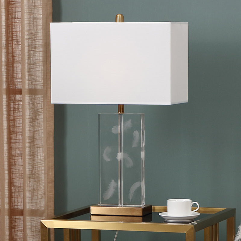 Rectangle Clear Crystal Desk Lamp Modern 1 Bulb White Table Light with Fabric Shade