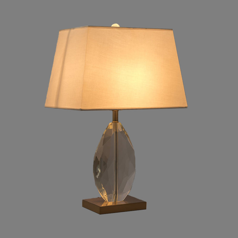 Modernism Teardrop Reading Light Beveled Crystal 1 Bulb Nightstand Lamp in White, Fabric Shade