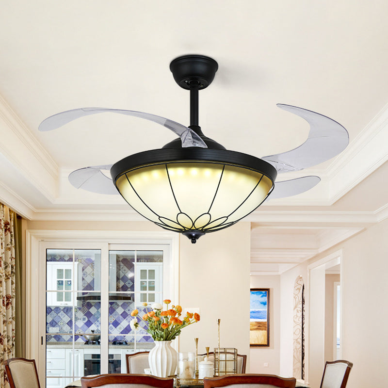 42" W LED Dome Semi Flush Mount Lamp Traditional Black Opal Glass 4 Blades Ceiling Fan Light for Dining Room, Wall/Remote Control