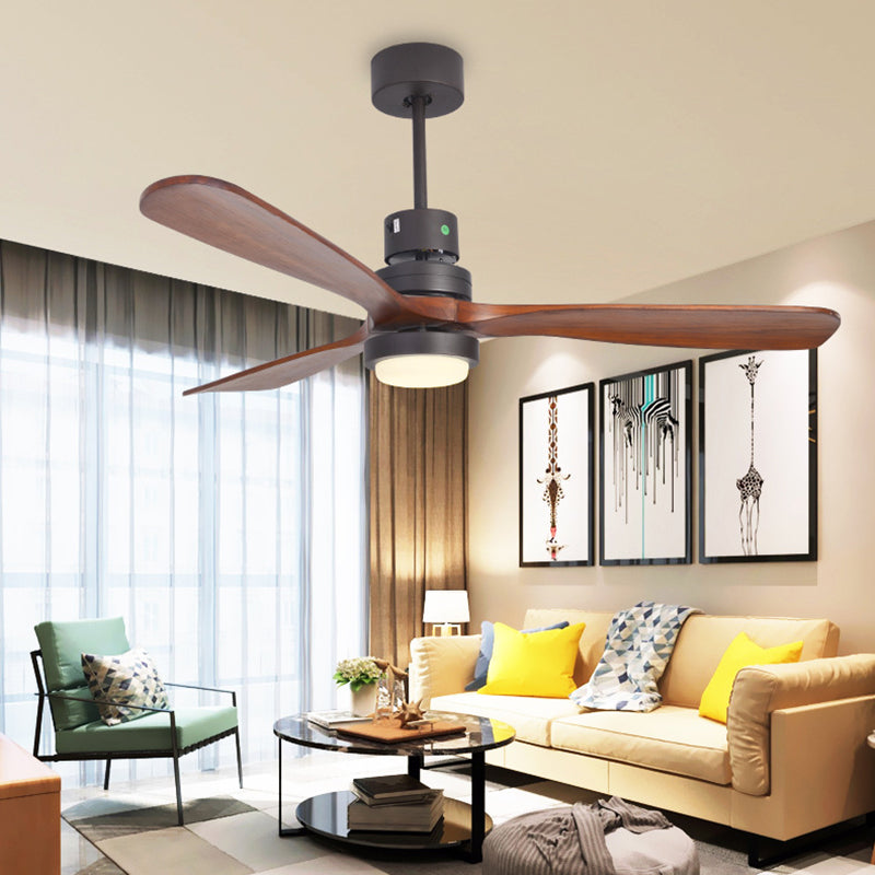 52" W Antiqued Circle Hanging Fan Lamp LED Metallic Semi Flush Mount Light in Black with 3 Wood Blades