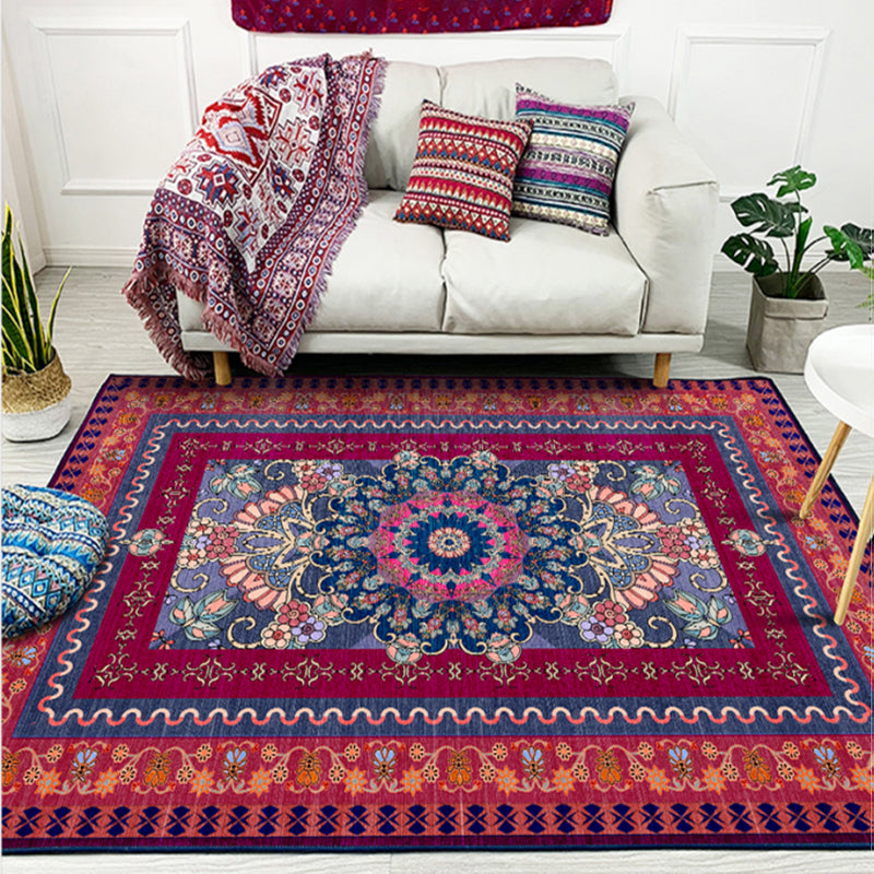 Tapis traditionnel rouge Médaillon Primp Polyester Carpet Tache Resistant Area Responsie pour la décoration intérieure