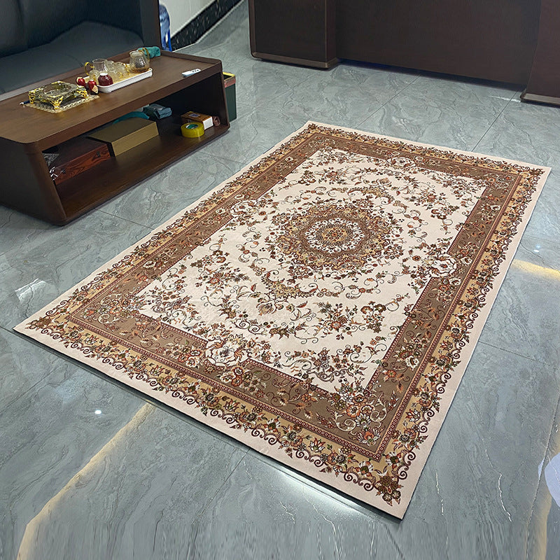 Brown Living Room Area Rug Traditional Polyester Area Carpet Anti-Slip Easy Care Rug