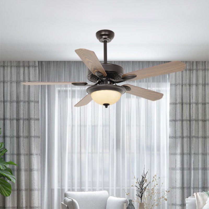 42" W LED Hanging Fan Light Countryside Living Room Wall/Remote Control 5 Blades Semi Flushmount with Dome White Textured Glass Shade in Dark Coffee