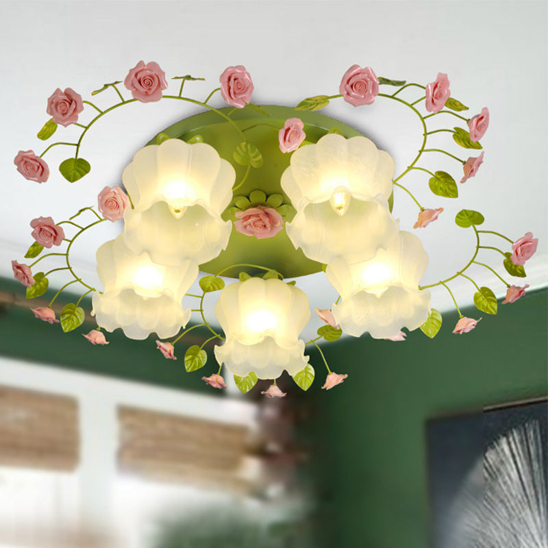 Green Floral Ceiling Light Fixture Romantic Pastoral Metal 1/3/5 Heads Living Room Flush Mount Lamp