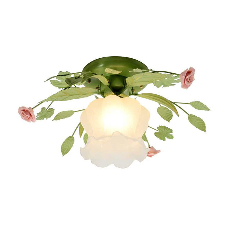 Green Floral Ceiling Light Fixture Romantic Pastoral Metal 1/3/5 Heads Living Room Flush Mount Lamp