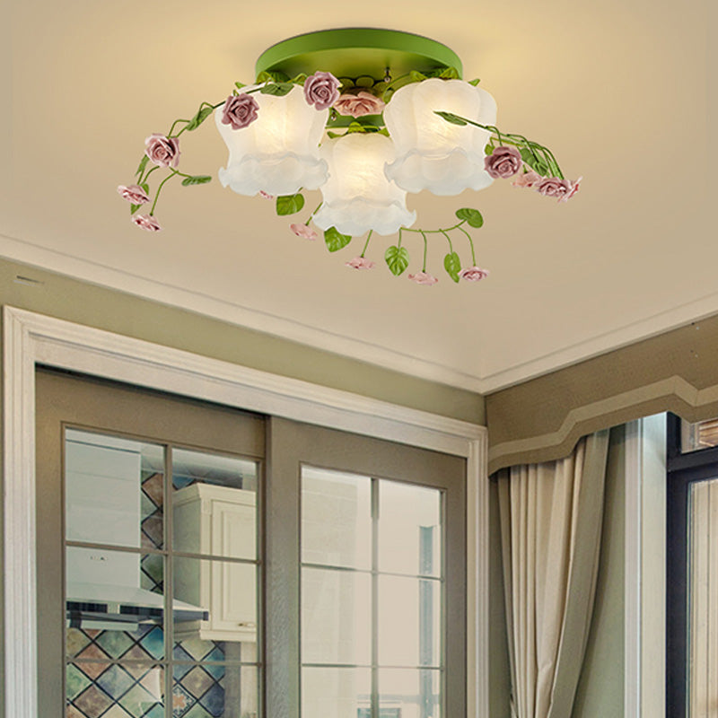 Green Floral Ceiling Light Fixture Romantic Pastoral Metal 1/3/5 Heads Living Room Flush Mount Lamp