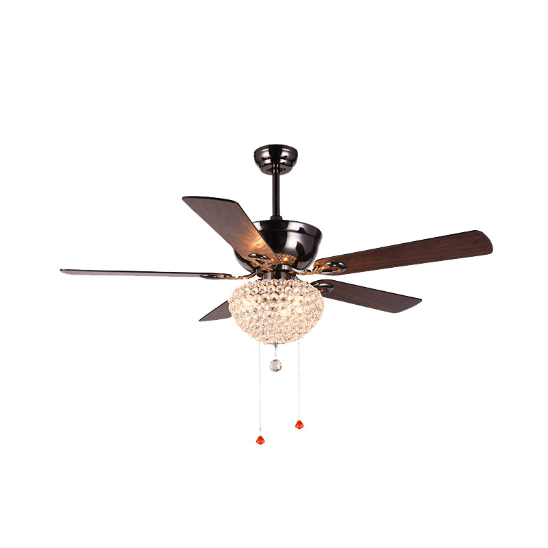 5 Blades Crystal Dome Semi Flushmount Vintage Dining Room LED Ceiling Fan Light in Dark Brown with Pull Chain, 52" Wide