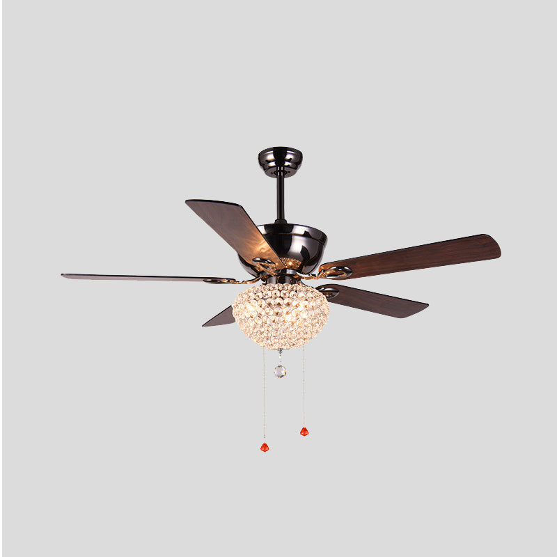 5 Blades Crystal Dome Semi Flushmount Vintage Dining Room LED Ceiling Fan Light in Dark Brown with Pull Chain, 52" Wide