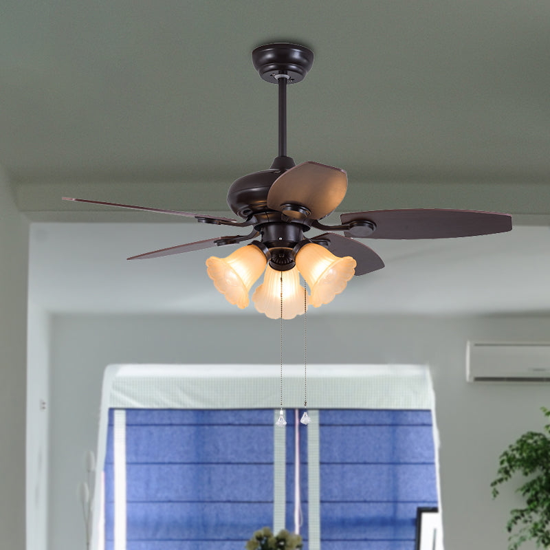 Dark Coffee 3 Heads Hanging Fan Light Traditional Frosted Glass Flower 5 Blades Semi Flush Lamp with Pull Chain/Remote Control, 42" W