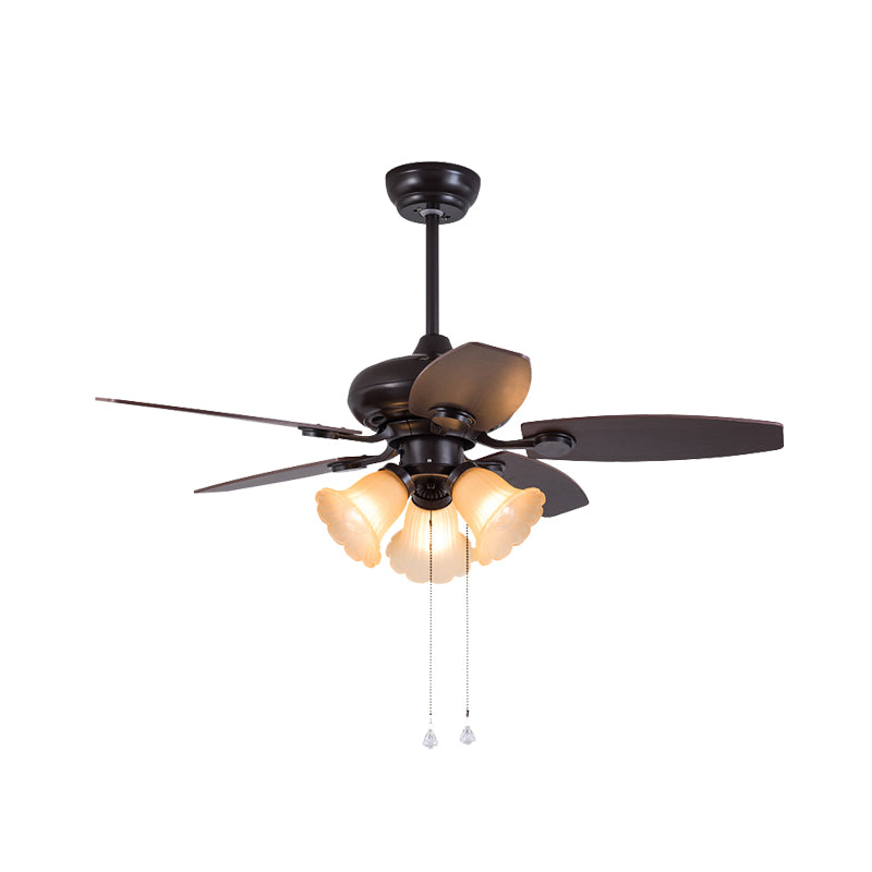 Dark Coffee 3 Heads Hanging Fan Light Traditional Frosted Glass Flower 5 Blades Semi Flush Lamp with Pull Chain/Remote Control, 42" W