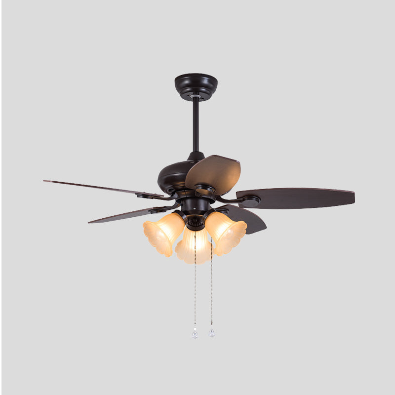 Dark Coffee 3 Heads Hanging Fan Light Traditional Frosted Glass Flower 5 Blades Semi Flush Lamp with Pull Chain/Remote Control, 42" W