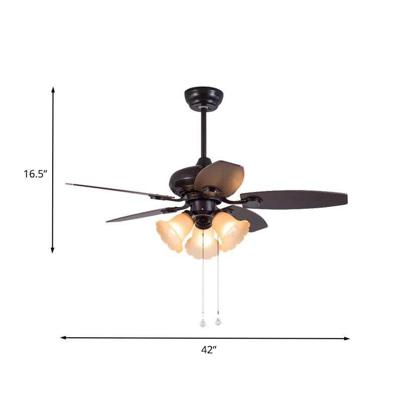 Dark Coffee 3 Heads Hanging Fan Light Traditional Frosted Glass Flower 5 Blades Semi Flush Lamp with Pull Chain/Remote Control, 42" W