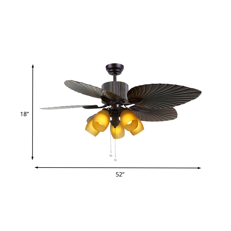 Yellow Glass Oval Semi Flush Lighting Traditional 5 Bulbs Living Room Ceiling Fan Lamp in Dark Brown with 5 Cattail Leaf Vanes, 52" W