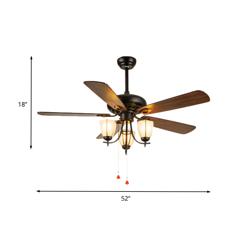 52" Wide 3-Light Ceiling Fan Lamp Vintage Cup Shape Seeded Glass 5 Bleads Semi Flush Mounted Light in Black