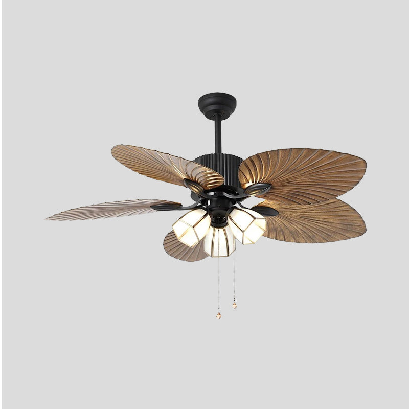 Éclairage de ventilateur de ventilateur résistant à la cloche rétro 3-bulbe de 42 "de large verre à 5 lames de lampe semi-fluste en marron avec chaîne de traction / mur / télécommande