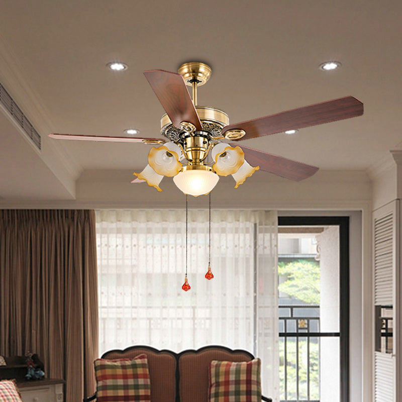 48" W Gold 6 Lights Semi Flush Lighting Antiqued Metal Round 5 Wood Blades Hanging Ceiling Fan Lamp with Floral Opal Glass Shade, Pull Chain/Remote/Wall Control