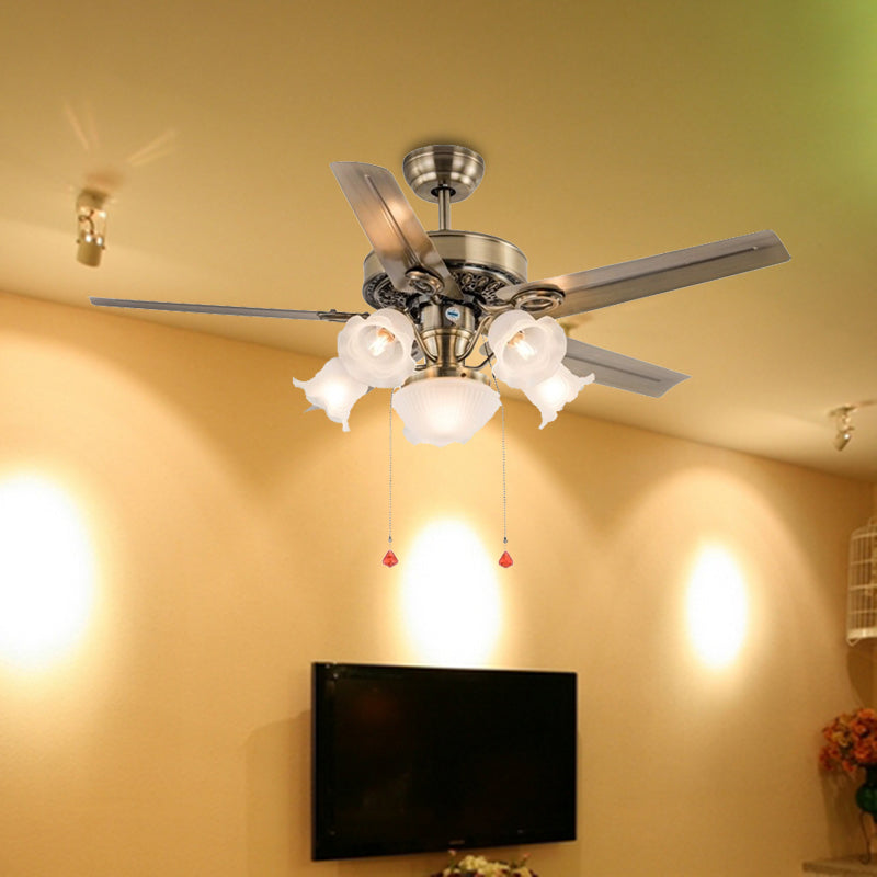 48" Wide 6 Heads Ceiling Fan Light Traditional Living Room 5 Blades Semi Flush Mount Lamp with Flower Milk Glass Shade in Brass, Pull Chain/Remote/Wall Control