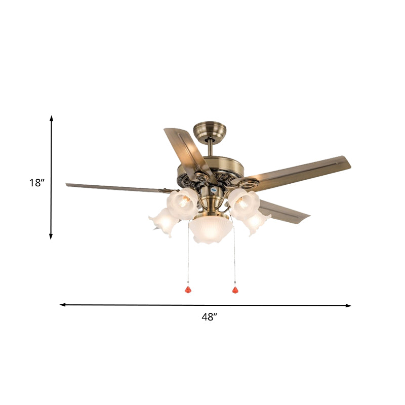 48" Wide 6 Heads Ceiling Fan Light Traditional Living Room 5 Blades Semi Flush Mount Lamp with Flower Milk Glass Shade in Brass, Pull Chain/Remote/Wall Control