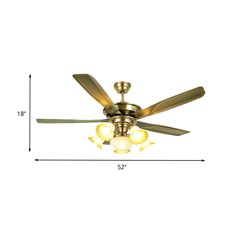 52" W 6 Bulbs Metal Semi Flushmount Vintage Brass Radial Living Room Hanging Fan Light with 5 Blades, Wall/Remote Control