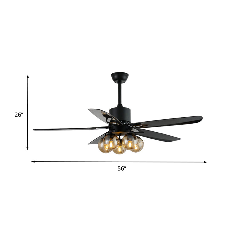 Black 5 lampadina ventola soffitto luce anticato vetro trasparente globale lampada montata semi con 5 pale, larghe 56 "