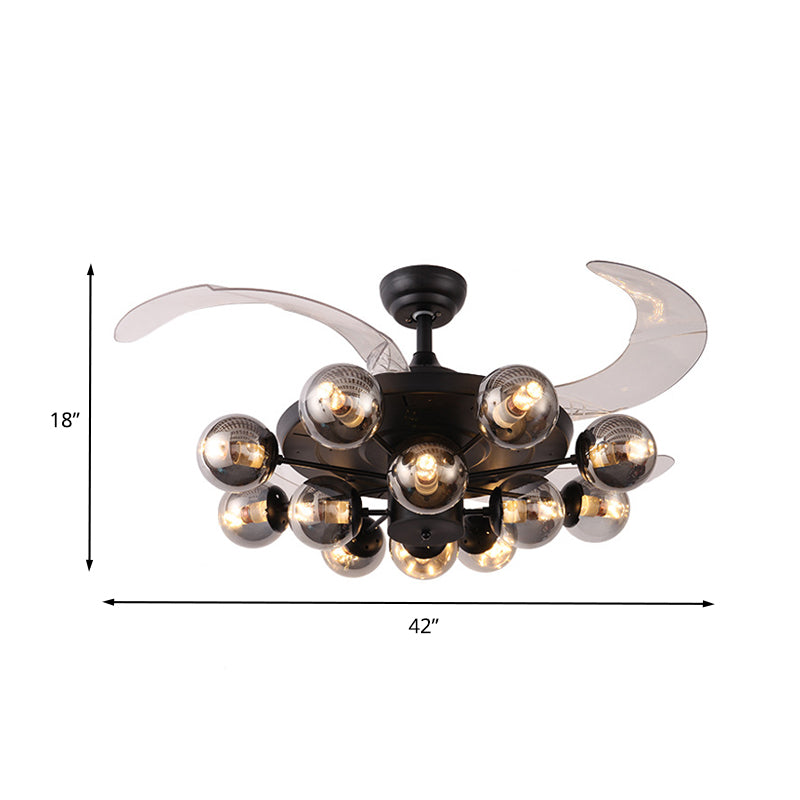 42 "breit 12 Licht Clear Glass Semi Flush Lampe Vintage Schwarzer Ball Wohnzimmer Anhänger Lüfter Licht WTIH 4 klare Klingen, Wand/Fernbedienung