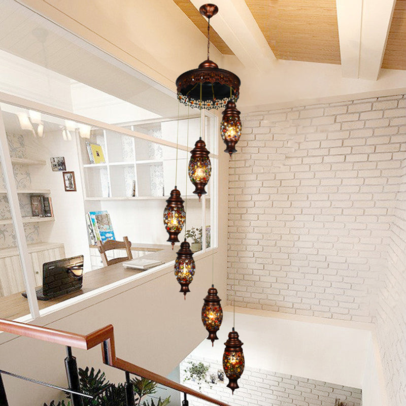 6 bulbes Cluster ovale Pendant Bohemian Copper Metal suspendu plafonnier plafond pour le salon