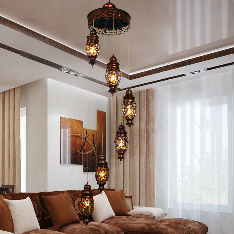 6 bulbos colgante de clúster ovalado bohemio cobre metal luz de techo colgante para sala de estar