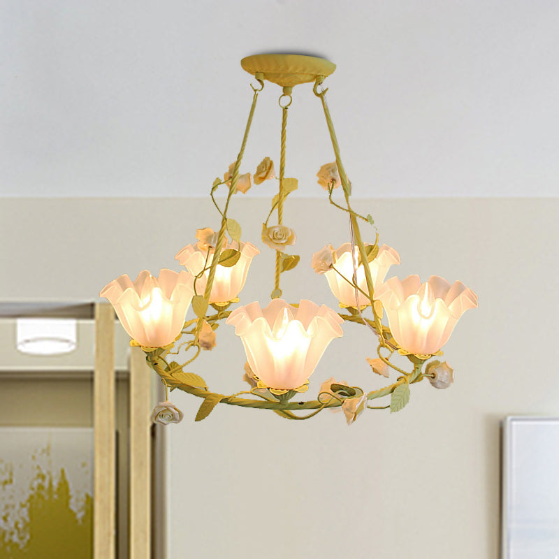 Opal Glass Scalloped Chandelier Lighting Korean Garden 5 Lights Bedroom Ceiling Lamp in Pink/Yellow