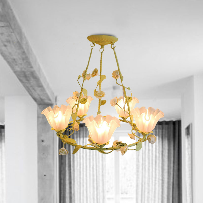 Opal Glass Scalloped Chandelier Lighting Korean Garden 5 Lights Bedroom Ceiling Lamp in Pink/Yellow