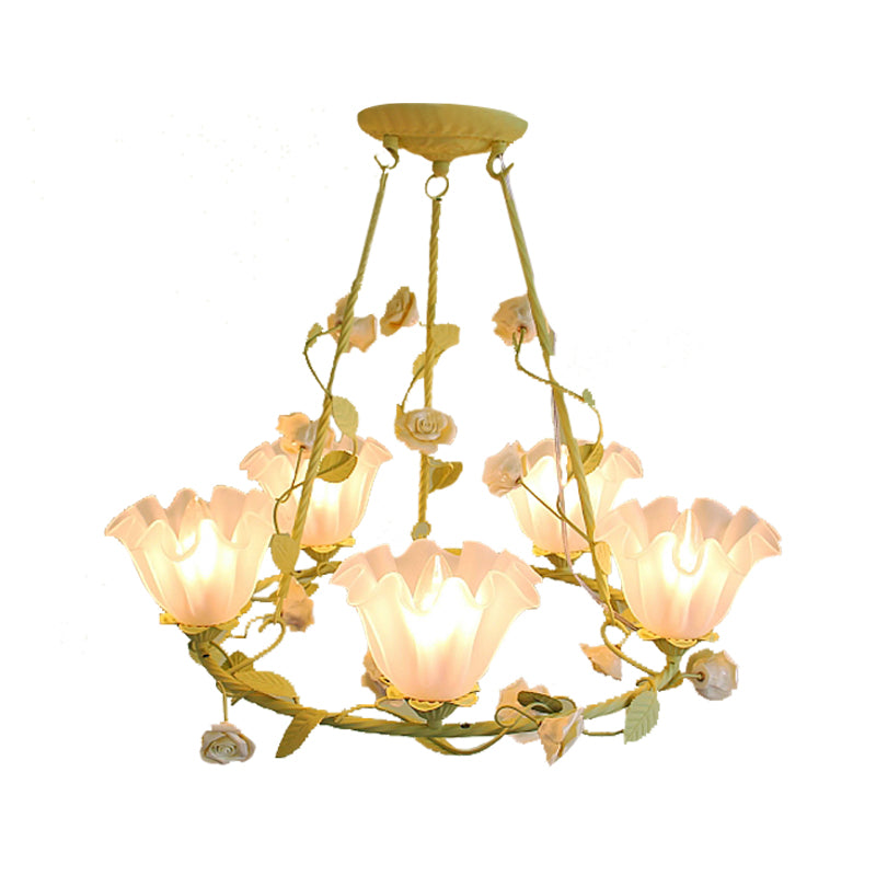 Opal Glass Scalloped Chandelier Lighting Korean Garden 5 Lights Bedroom Ceiling Lamp in Pink/Yellow