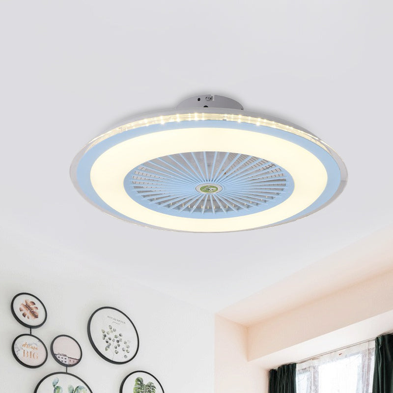 23,5 "W LED Cercle suspendu lampe à fans simple simple / bleu / or Finition acrylique Semi Flush Mount LAMPE avec 5 lames transparentes